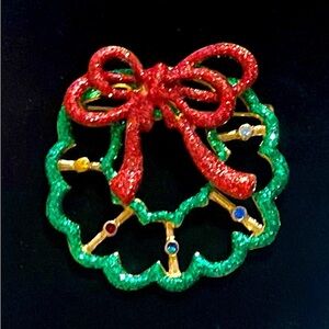 Vtg. Glitter Wreath & Red Bow w/Five Colored Stones